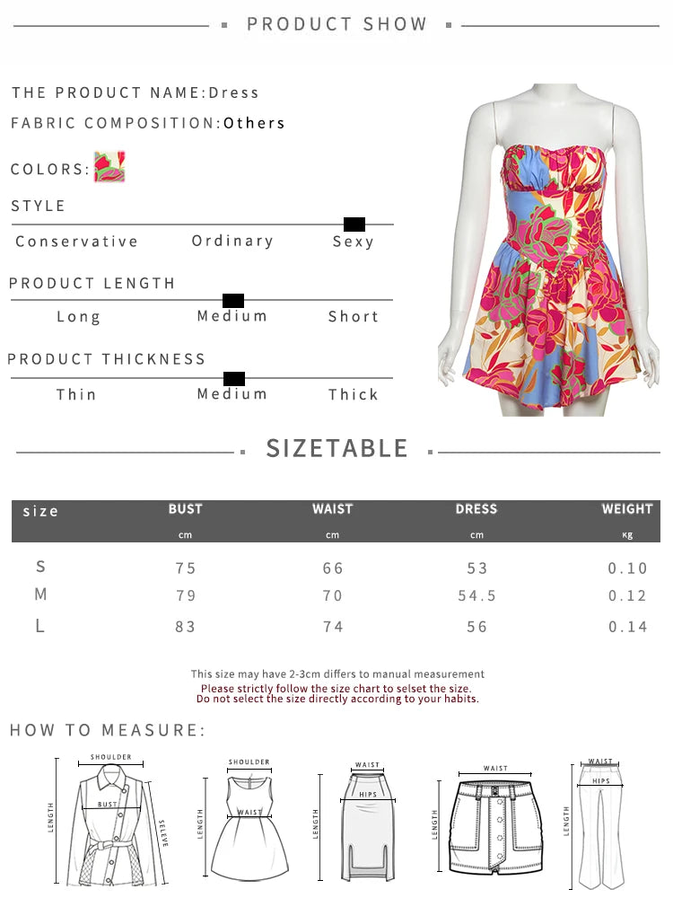 Weird Puss Colorful Print Strapless Dress Women Sexy Off Shoulder Backless Ruched Ruffles Vacation Y2K Sweet Style Mini Bodycon