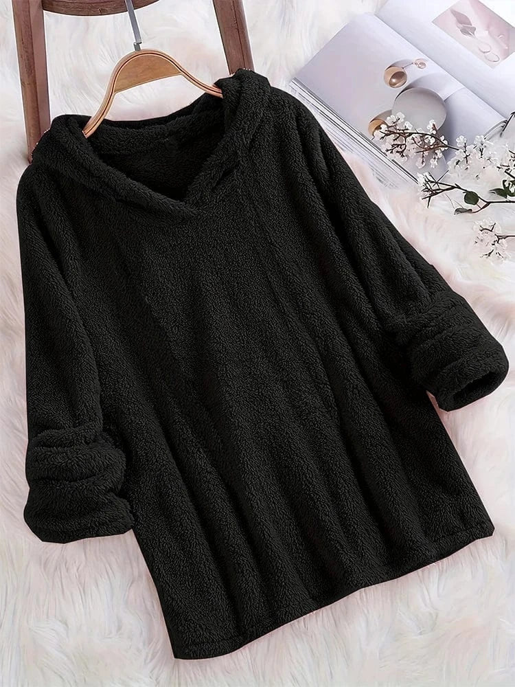 Fleece Solid Colour Hoodie Casual Long-Sleeved Hooded Sweatshirt Women's Autumn And Winter New Models 2024 Warm Solid Colour