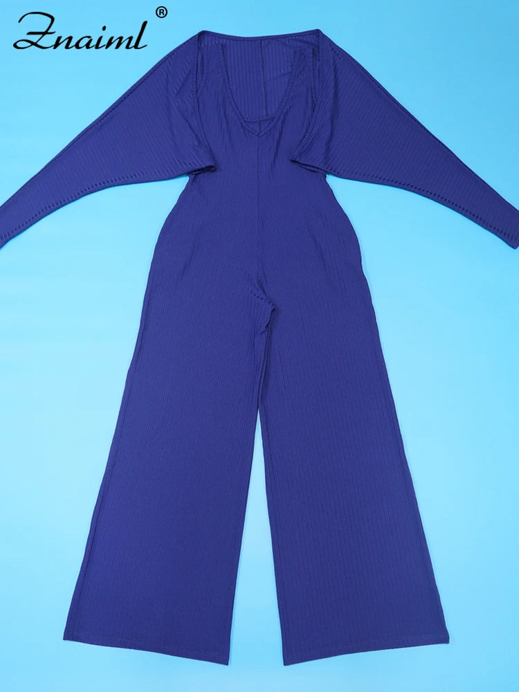 Znaiml Blue Knitted Ribber Wide Leg Pants Jumpsuits and Crop Coat Tops Two 2 Piece Women Sets Autumn Streetwear Birthday Outfits