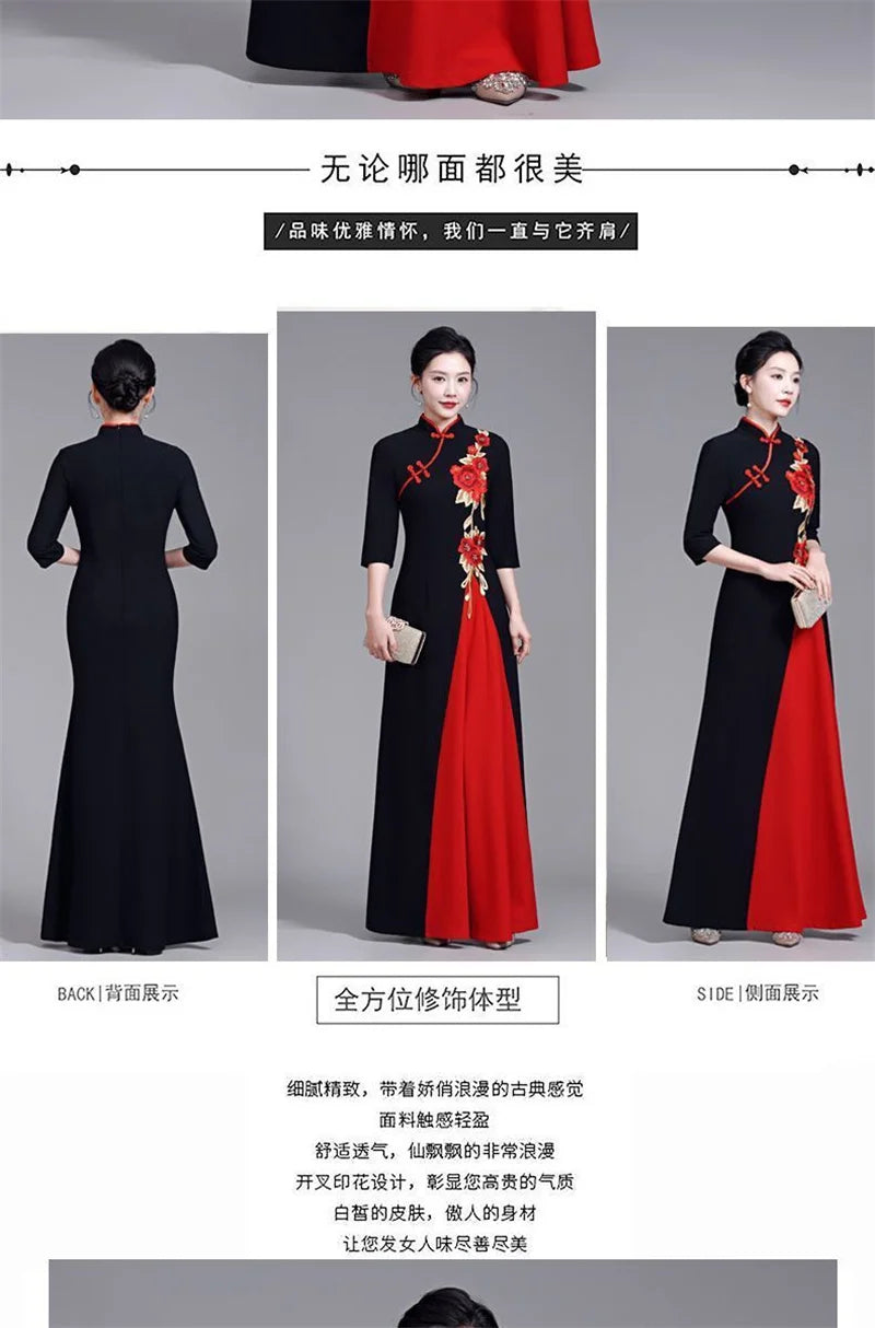 2025 Summer Women New Middle aged Elderly Dress Improved High end Non Ironing Show Elegant Slim And Long Embroide Red Dress 6XL