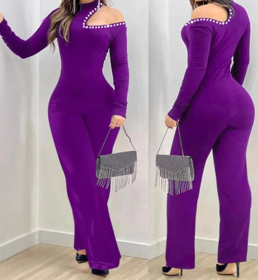 Sexy Jumpsuit for Women Fashion Casual Rhinestone Cold Shoulder High Neck Jumpsuit Long Sleeve Slim Flared Jumpsuits 2025 Spring