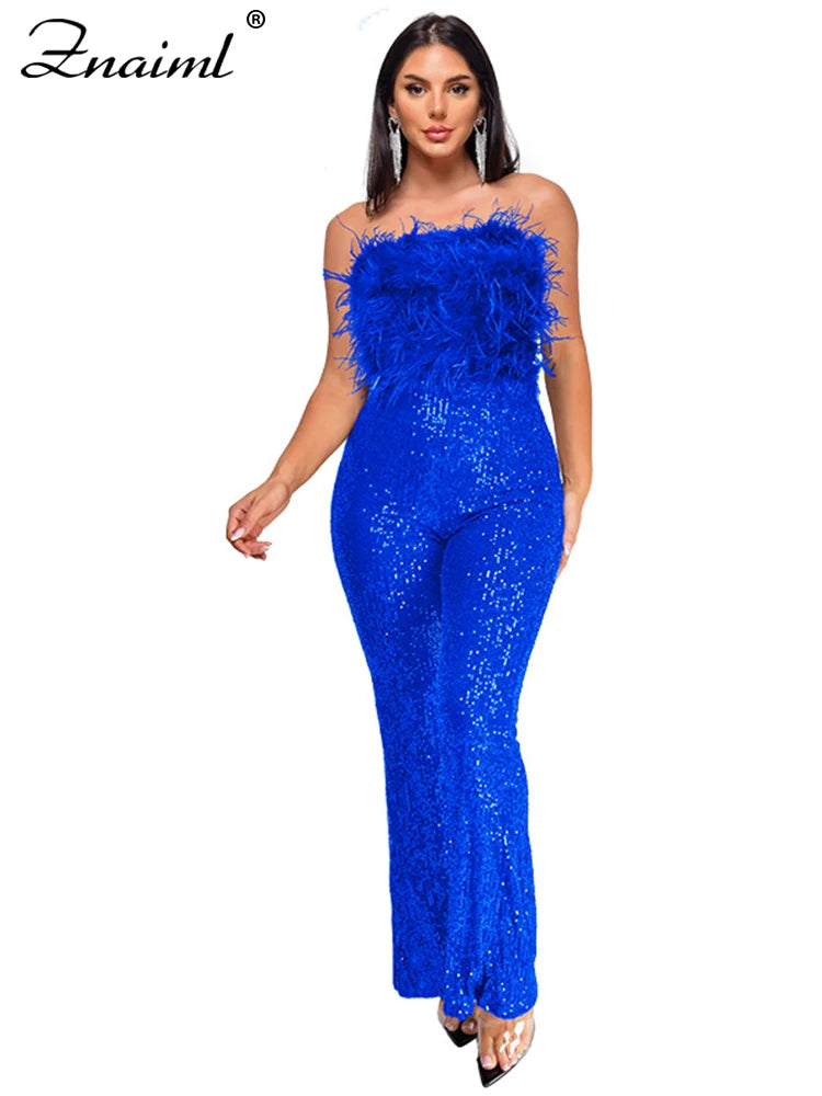 Znaiml New Luxury Sequins Jumpsuit with Colorful Feathers Sleeveless Shiny Dress Women's Evening Birathday One Pieces Rompers