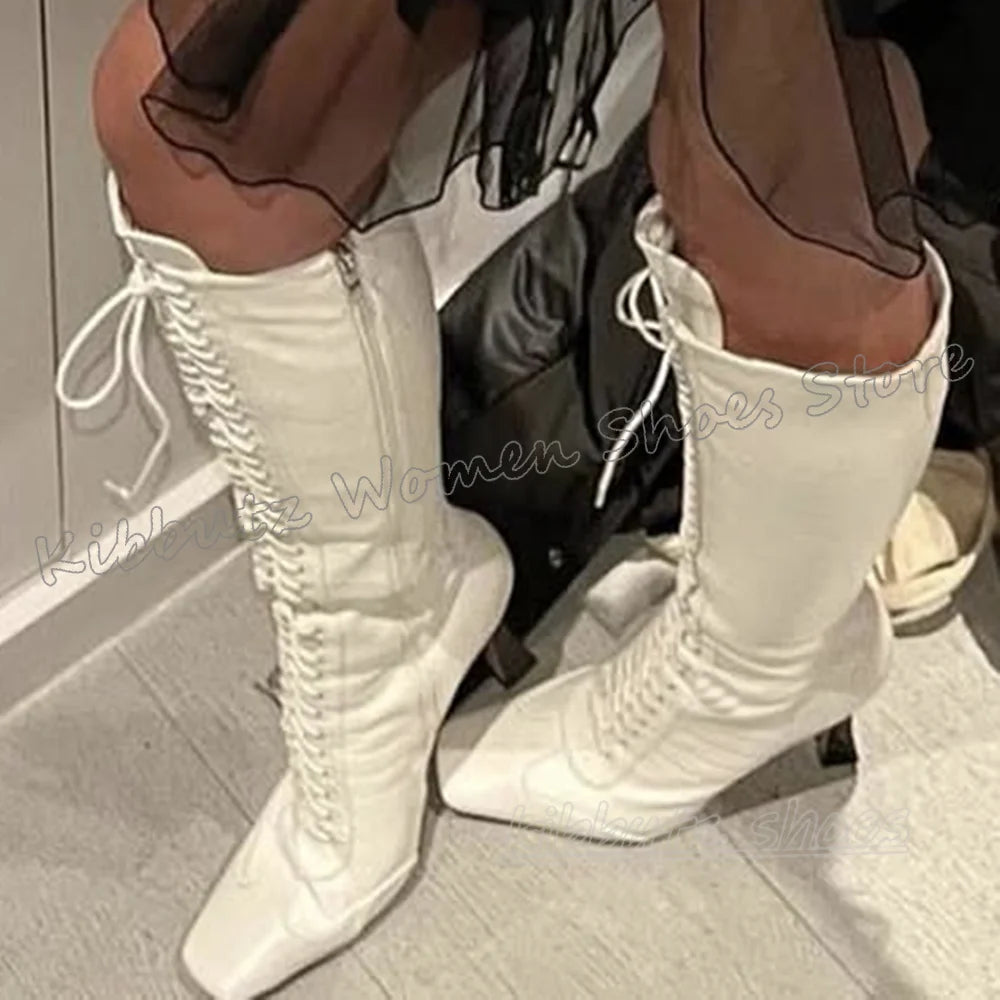 Sewing Knee High Boots Leather Lace-Up Patchwork Square Toe Kitten Heels Fashion Luxury Elegant Concise Sexy Women Shoes Newest