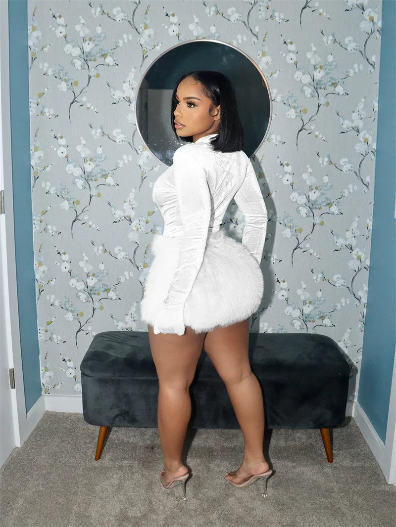 Velvet Long Sleeve Solid Gloves Sexy Bodysuit Furry Skirt 2 Piece Sets Fall Winter Women Elegant Outfit Party Birthday