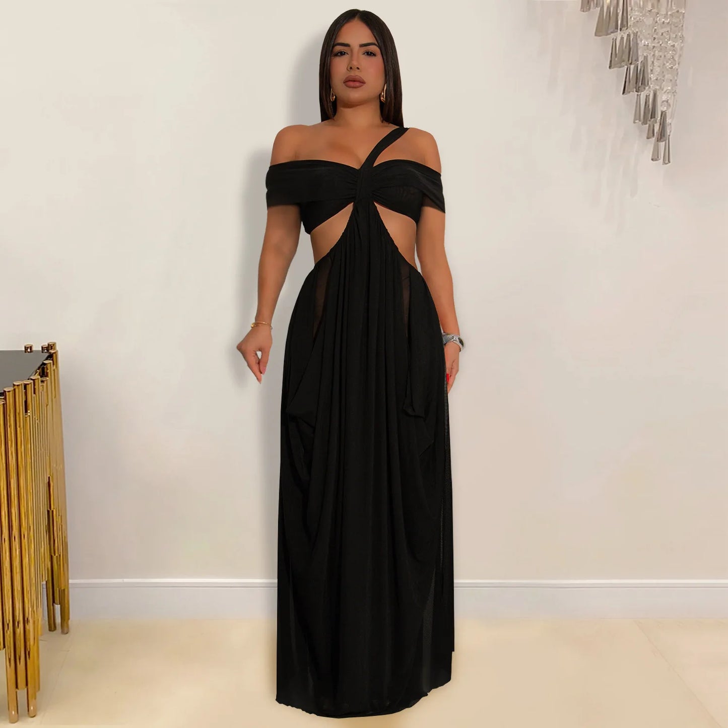 Joskaa 2025 Women's Elegant One Shoulder Strapless Mesh Irregular Maxi Dress Sexy Hollow Backless Skinny Evening Gown Clubwear