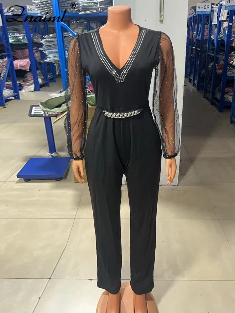 Znaiml Sexy Black Deep V-neck Mesh Chain Waist Long Sleeve Jumpsuit One Piece Overall Women Elegant Birthday Party Rompers New