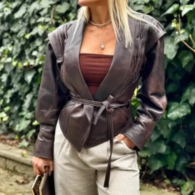 Women Leather Bomber Jackets Coats With Belt Notched Shoulder Pads Motorcycle Street Chic Short Outwear Fashion Solid Lace Up