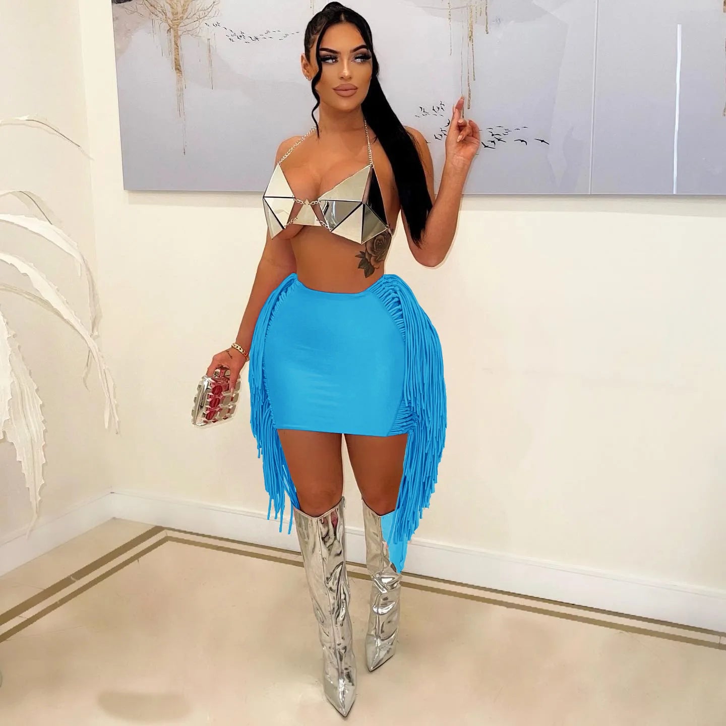 FAGADOER Sexy Tassel Bodycon Mini Skirts Party Club Outfits Women Fashion Chic Streetwear Short Birthday Holidays Skirt Solid
