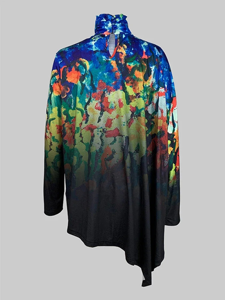 Female Asymmetric High Neck T-Shirts 2025 New Spring Long Batwing Sleeves Loose Vintage Printed Elegant Casual Tops