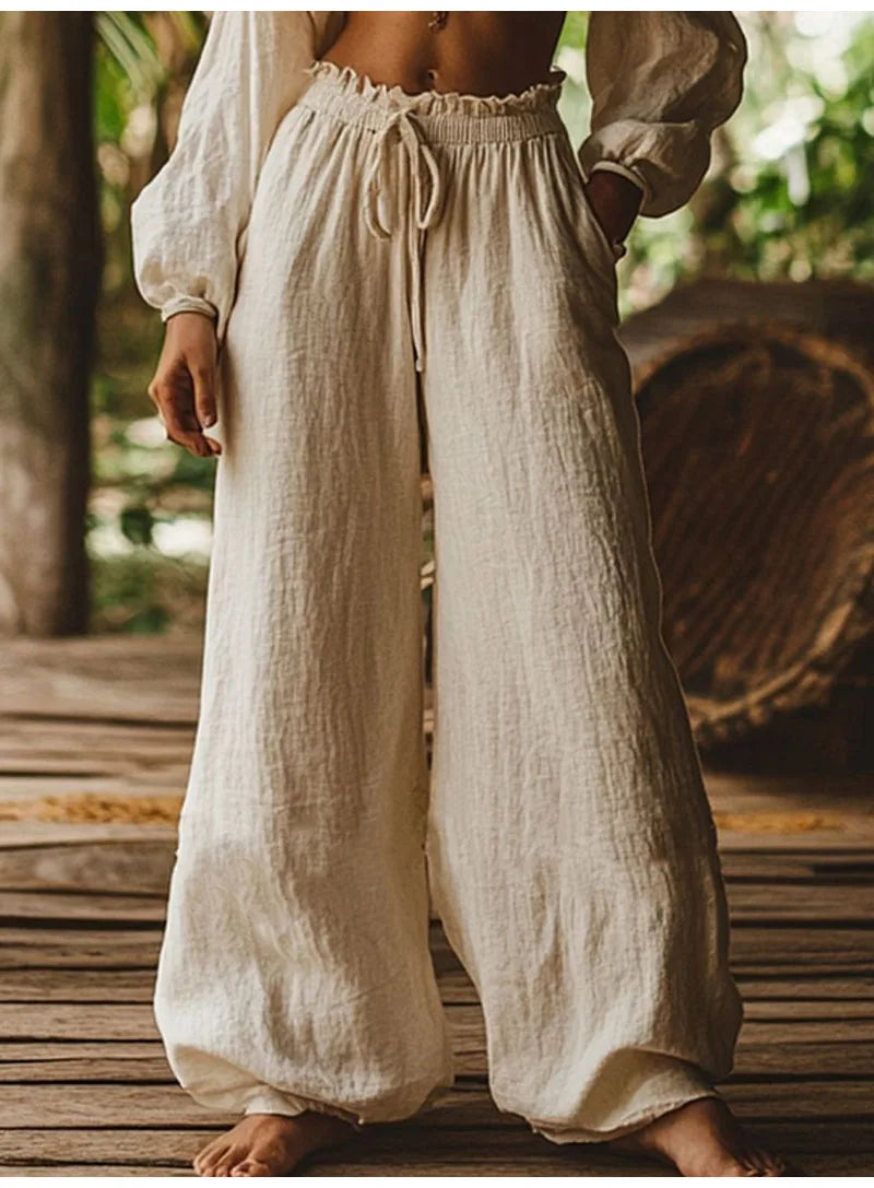 Women's Cotton and Linen Casual Loose Wide Leg Pants Autumn Retro Elastic Waist Drawstring Tied Pocket Pants Ethnic Vacation