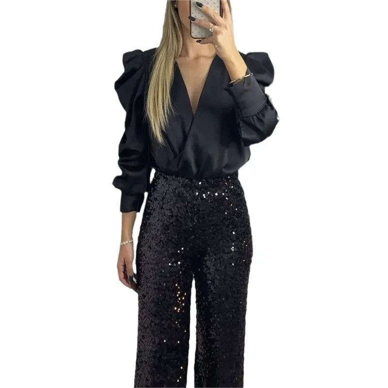 Spring Solid Color Commute Satin Shirt Pullover Fashion V-Neck Puff Long Sleeve Blouses Female Temperament Pleated Ruffled Tops