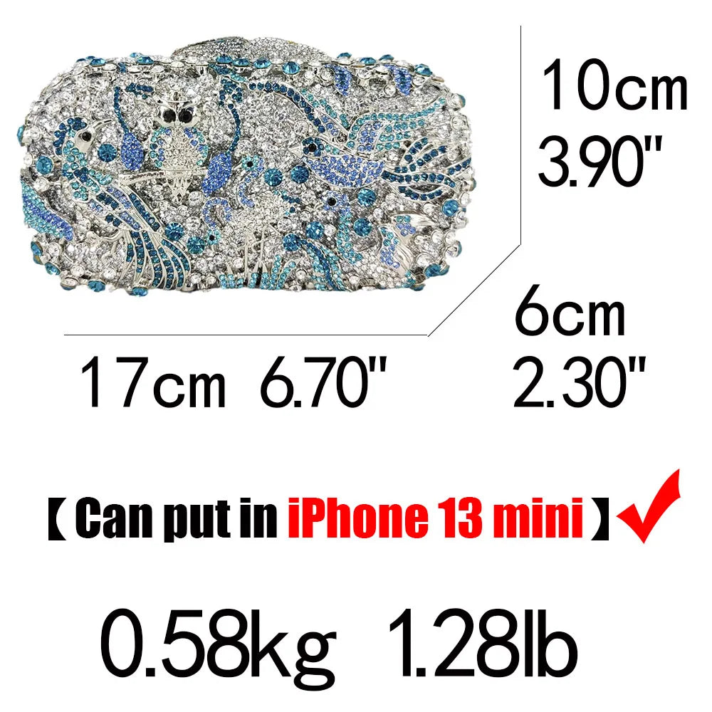 Boutique De FGG Light Blue Spahire Bird & Flower Women Crystal Clutch Evening Bags Wedding Bridal Animal Rhinestone Handbags