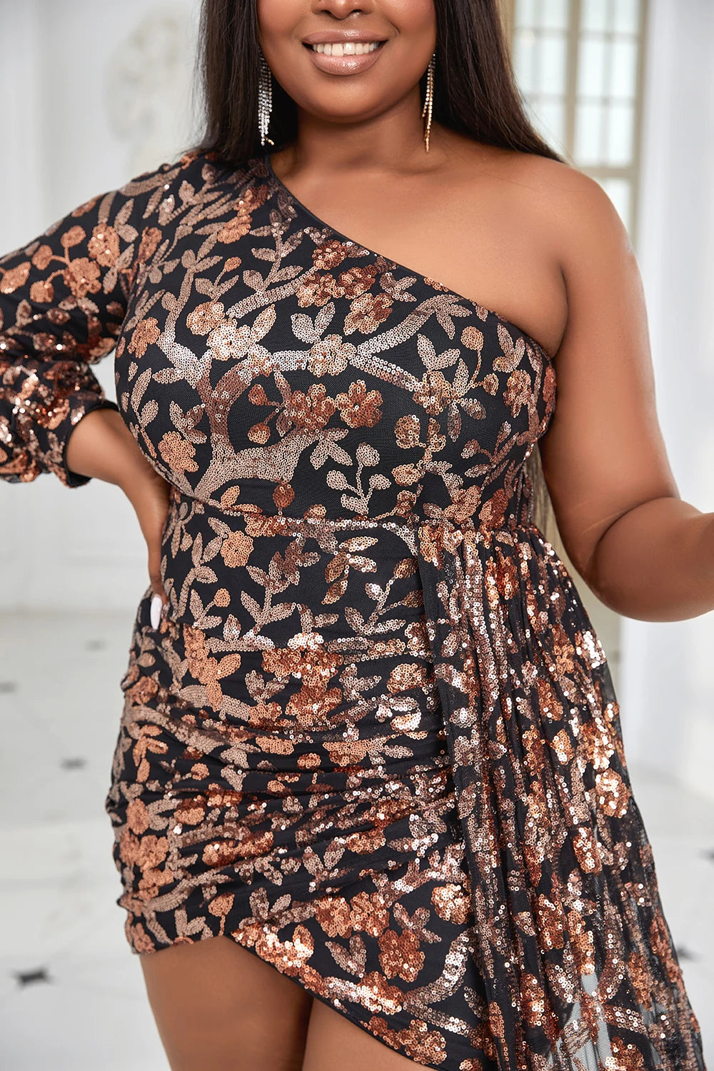 Plus Size Black Party One Shoulder High Split Sequin Mini Dress