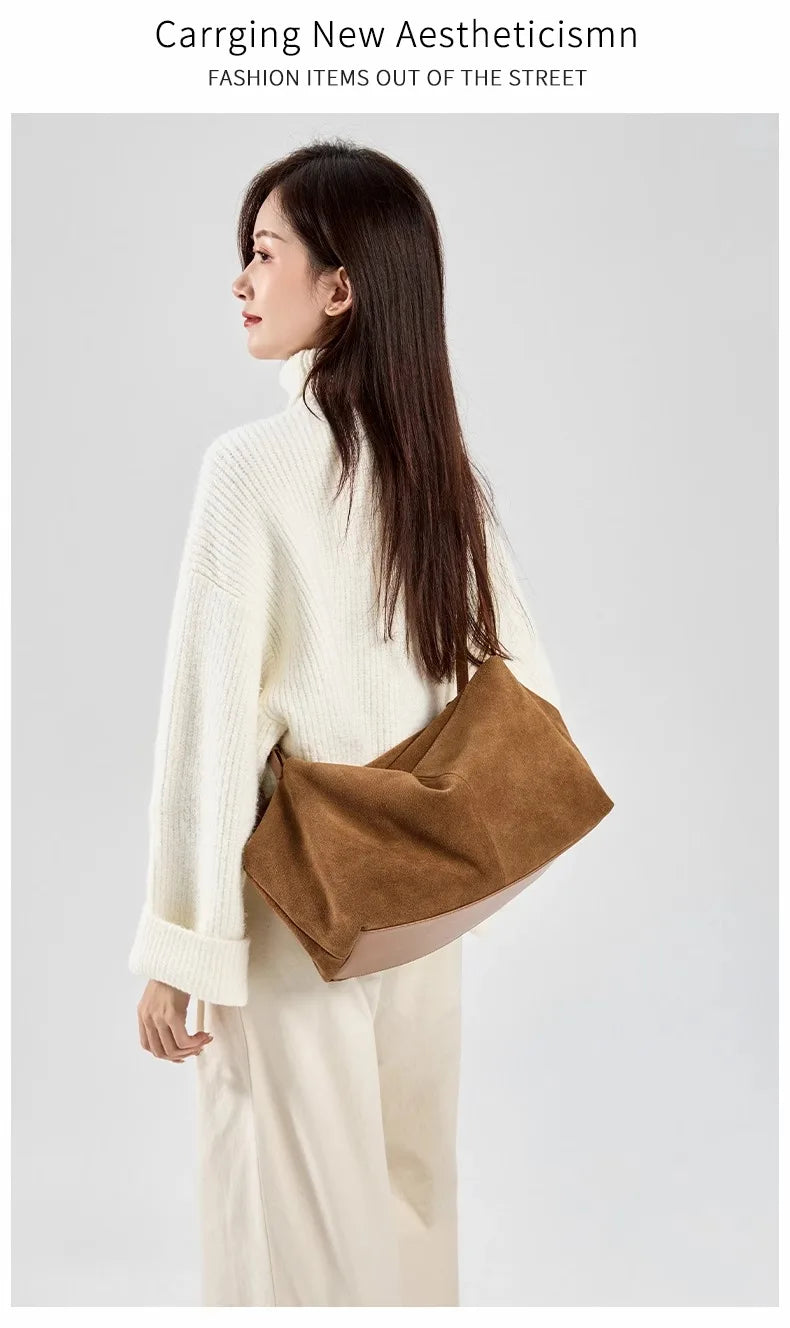Women's Suede Genuine Leather Shoulder Bags Ladies Frosted Cowhide Crossbody Bag Female Design Luxury and Lazy Commuting Handbag