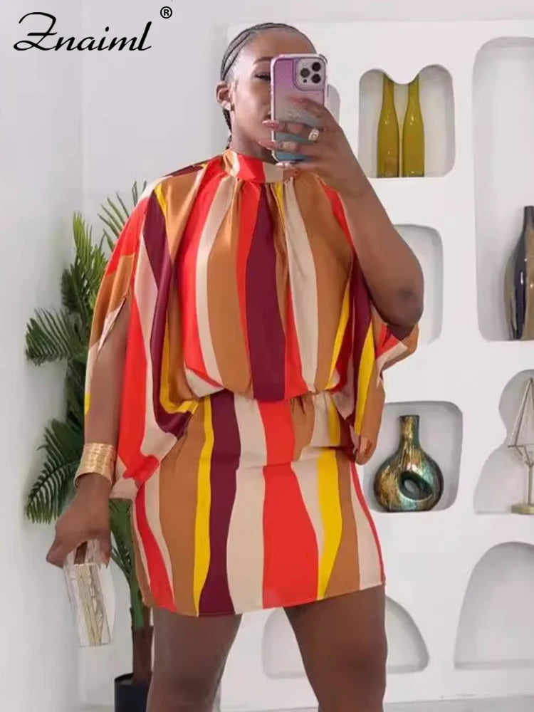 Znaiml Women‘s African Batwing Sleeve Striped Print Mini Dress Birthday O Neck Loose Night Club Female Vestidos Beach Elegant