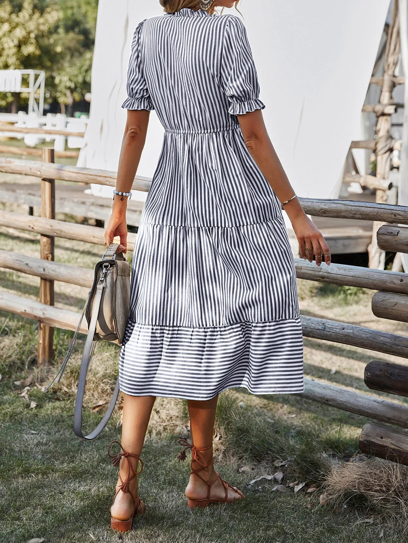 Summer Women's Striped Short Sleeve V-Neck Elastic Waist Dress