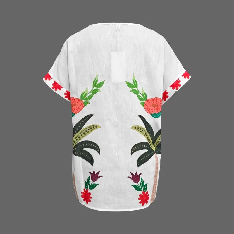 Beautyblue Cotton Linen Bohemian White Blouse Vacation Clothes New Casual Loose Raglan Sleeve V-Neck Printed T-shirts for Women