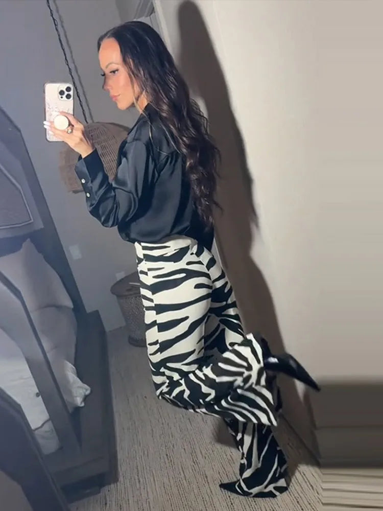 Zebra Print Wide Leg Women Pants High Waisted Stretch Fit 2025 Autumn Fashion Elegant Casual Bottoms Office Chic Lady Trousers