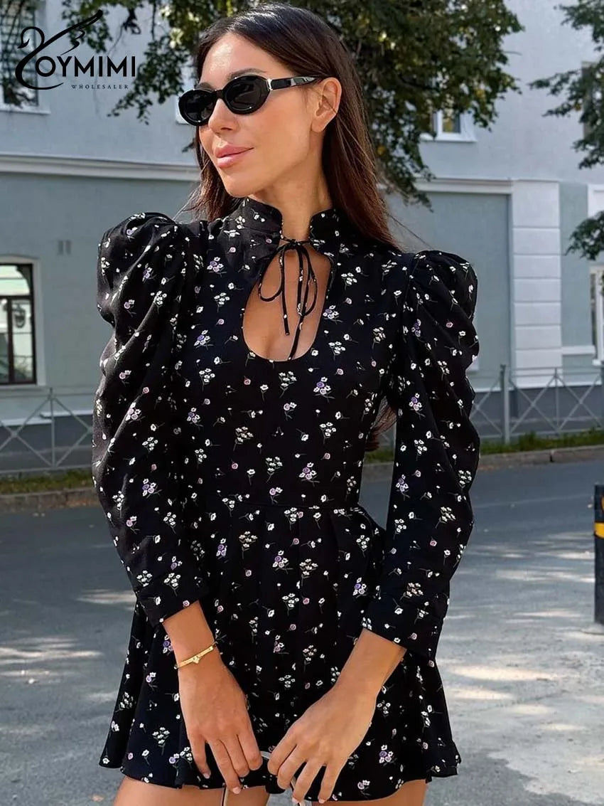 Oymimi Elegant Black White Womens Dresses Fashion Three Quarter Sleeve Hollow Out Dresses Casual High Waisted Mini Dress Female