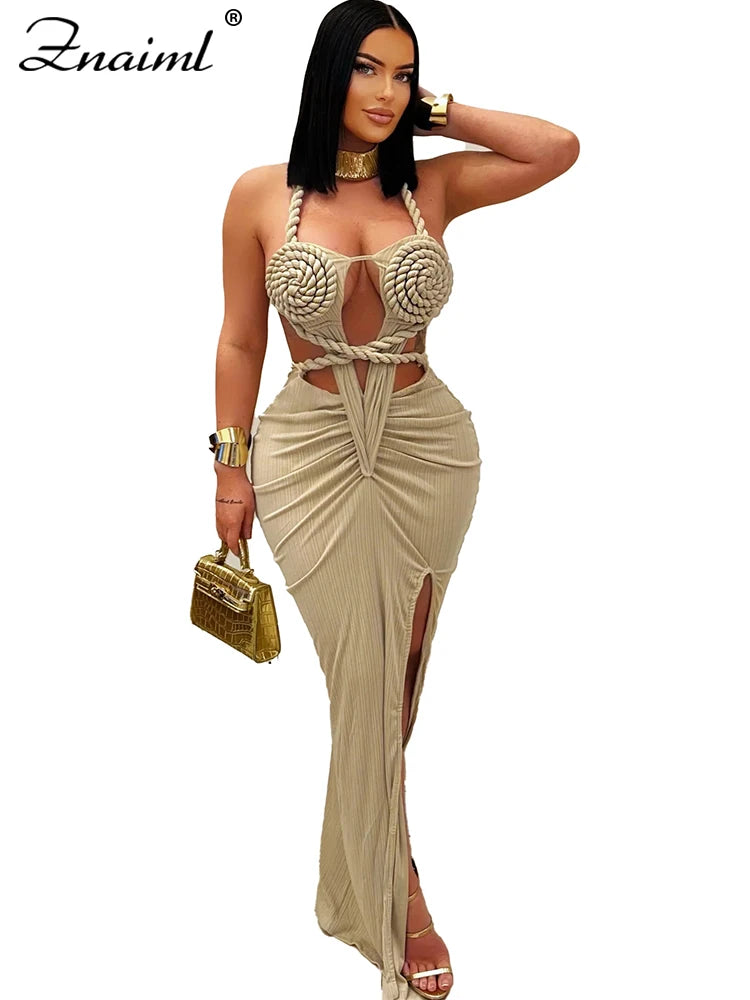 Znaiml Women's Elegant Evening Halter Hollow Backless Slit Bodycon Maxi Dresses Sexy Beach Holiday Party Club Birthday Vestidos