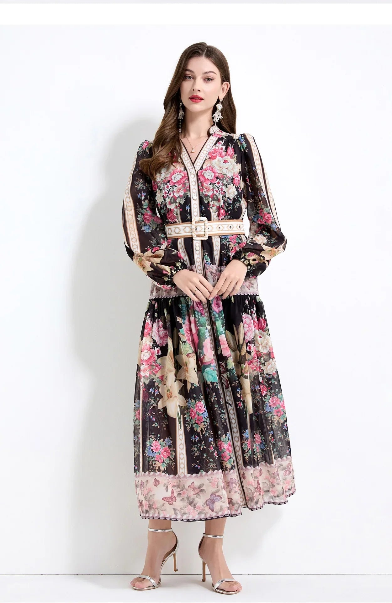 Elegant French Vintage Dress Women's High Waist Belted Print Court Style Long Dress Classy Sensation Skirt Fashionable Gown