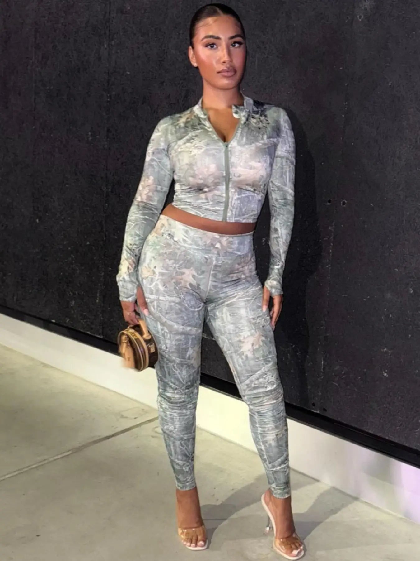 FAGADOER Y2K Fashion Pattern Printing 2 Piece Sets Woman Outfit Long Sleeve Zip Crop Top + Pants Matching Suit Female Streetwear