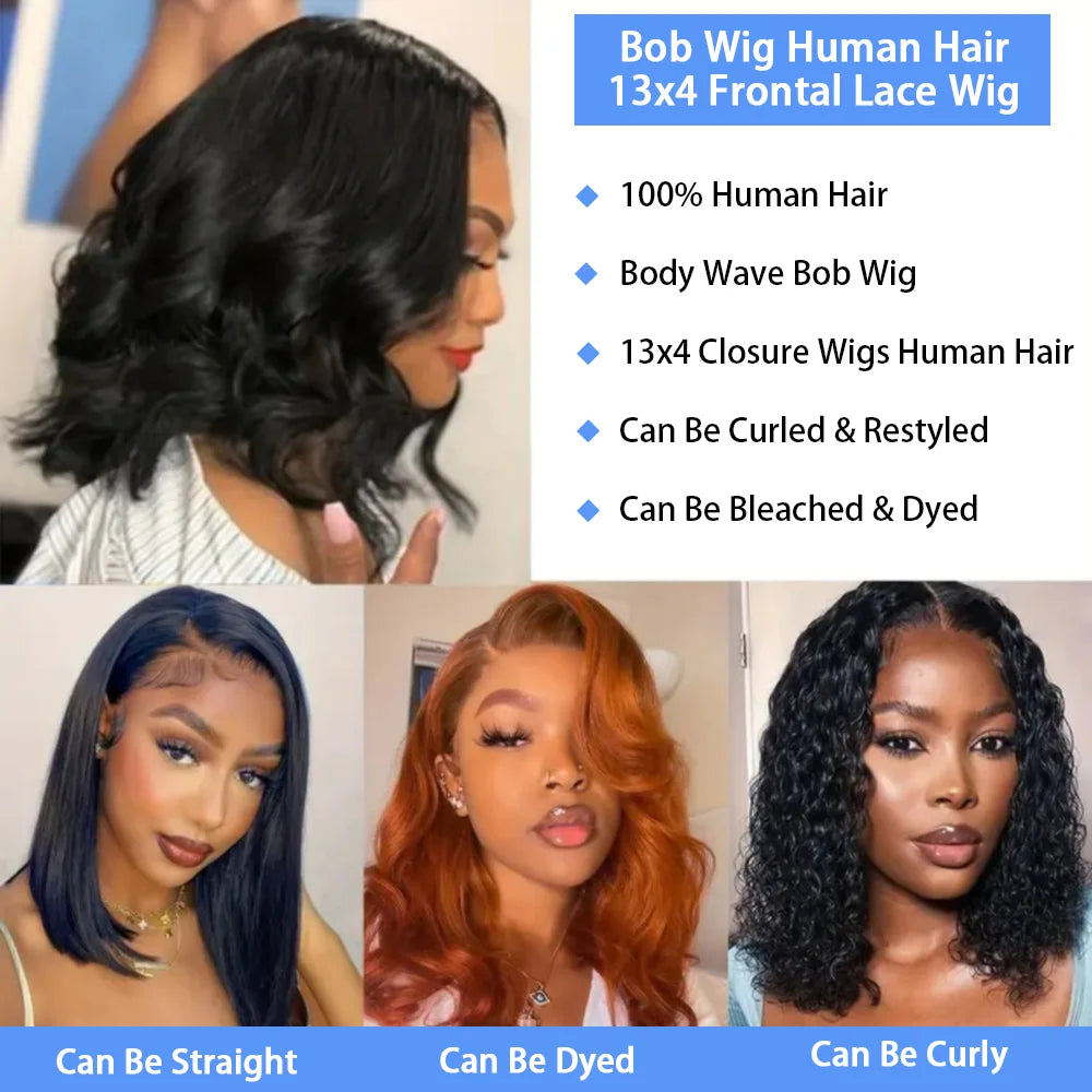 Body Wave 13x4 Lace Frontal Bob Wig Pre Plucked Brazilian Remy Short Bob Wig 4x4 Lace Human Hair Wigs 200% Density Natural Black