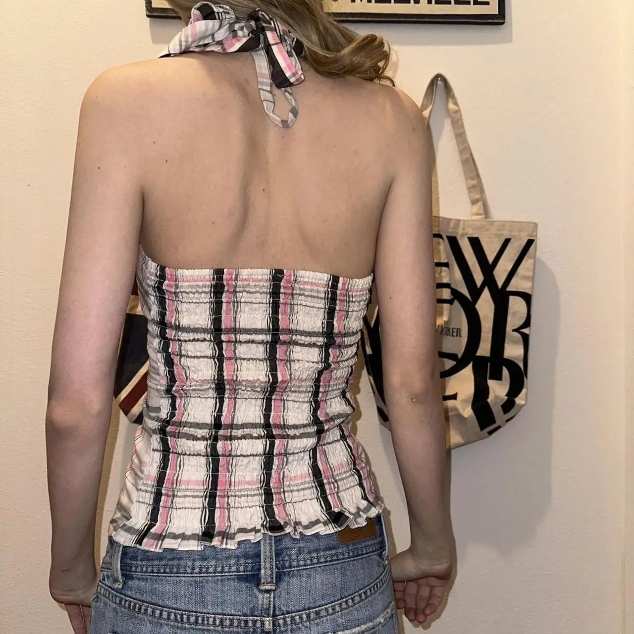 Retro Hot Girl Y2k Pink Plaid Waist Vest Contrasting Color Striped Block Slim Sexy Neck Halter Women Summer Outside Fashion Top