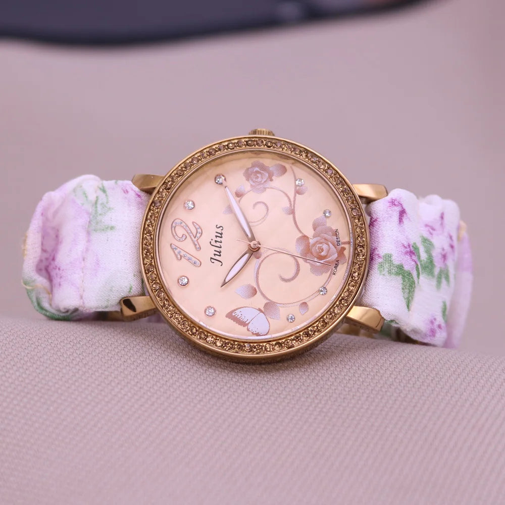 Rose Flower Japan Quartz Lady Women's Watch Elegant Lattice Fashion Hour Bracelet Elastic Watch Band Girl's Gift Julius No Box