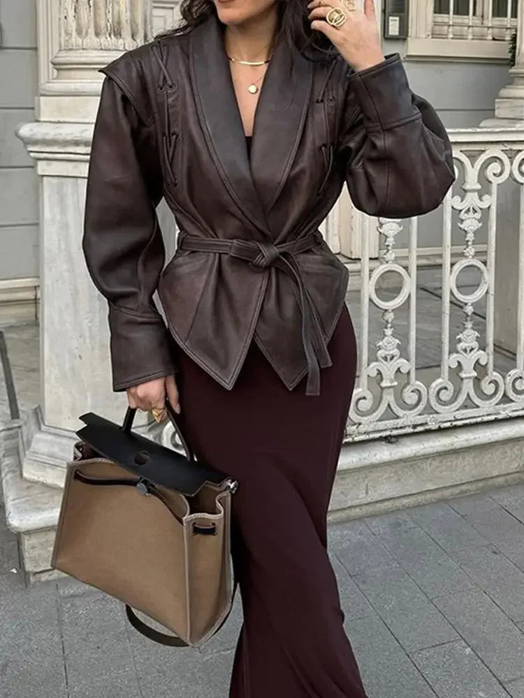Women Leather Bomber Jackets Coats With Belt Notched Shoulder Pads Motorcycle Street Chic Short Outwear Fashion Solid Lace Up