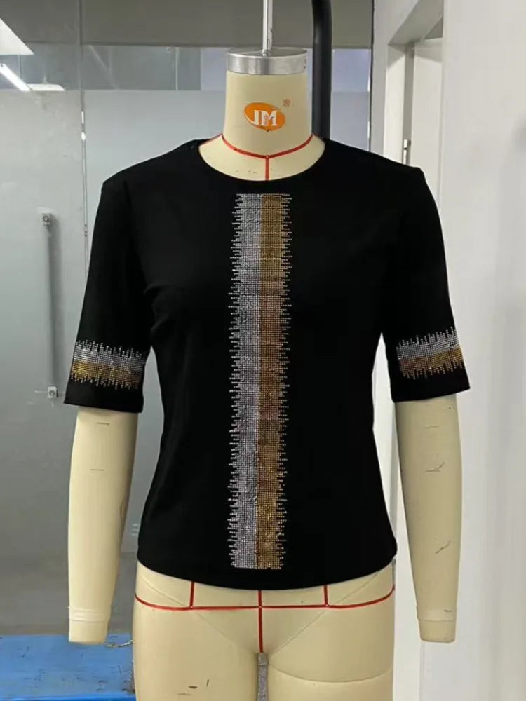 Beautyblue Summer Top Women's T-shirt Fashion Skinny Striped Hot Diamonds Half Sleeves Slim Fit Round-Neck Casual Female Clothes