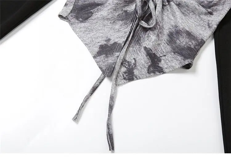 Hong Kong Style Retro Tie-dyed Unique Splicing Design and Sense Dovetail Slim T-shirt for Women Sweet Sexy Versatile Base Shirt
