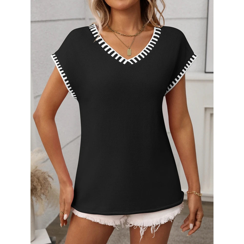 2025 Summer Women's Striped Ribbed Knitted V Neck Short Sleeve T-Shirts Femme Fashion Colorblock Casual Tops Streetwear