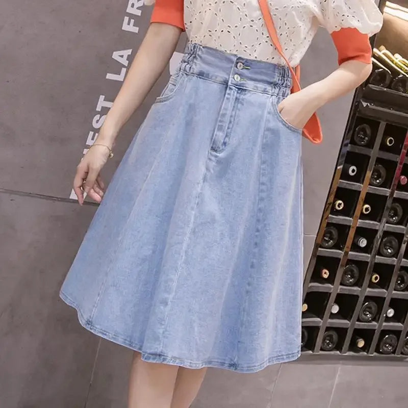 High Waist Midi Denim Skirt for Women plus Size Anti-Light Loose Elastic Waist Pleated Skirt Spring Summer Fashion plus Size