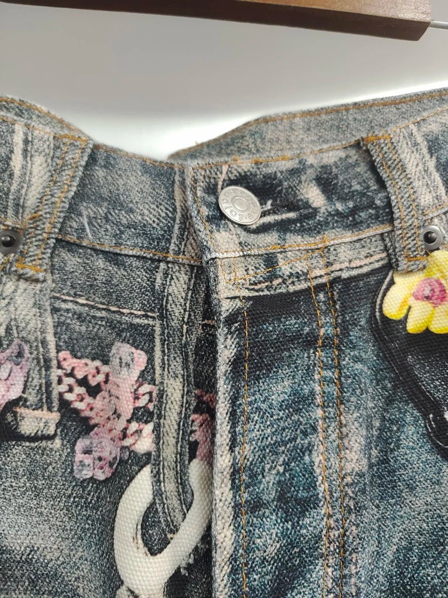 VGH Spliced Colorful Beading Chain Jeans for Women High Waist Patchwork Distressed American Retro Spring Trousers Female Style