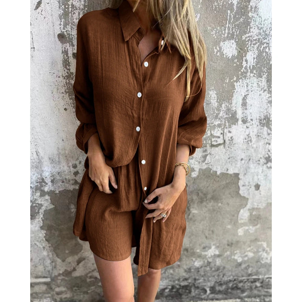 Ruched Turn-down Collar Long Sleeve Buttoned Top and Shorts Set Two Pieces Summer Outfits