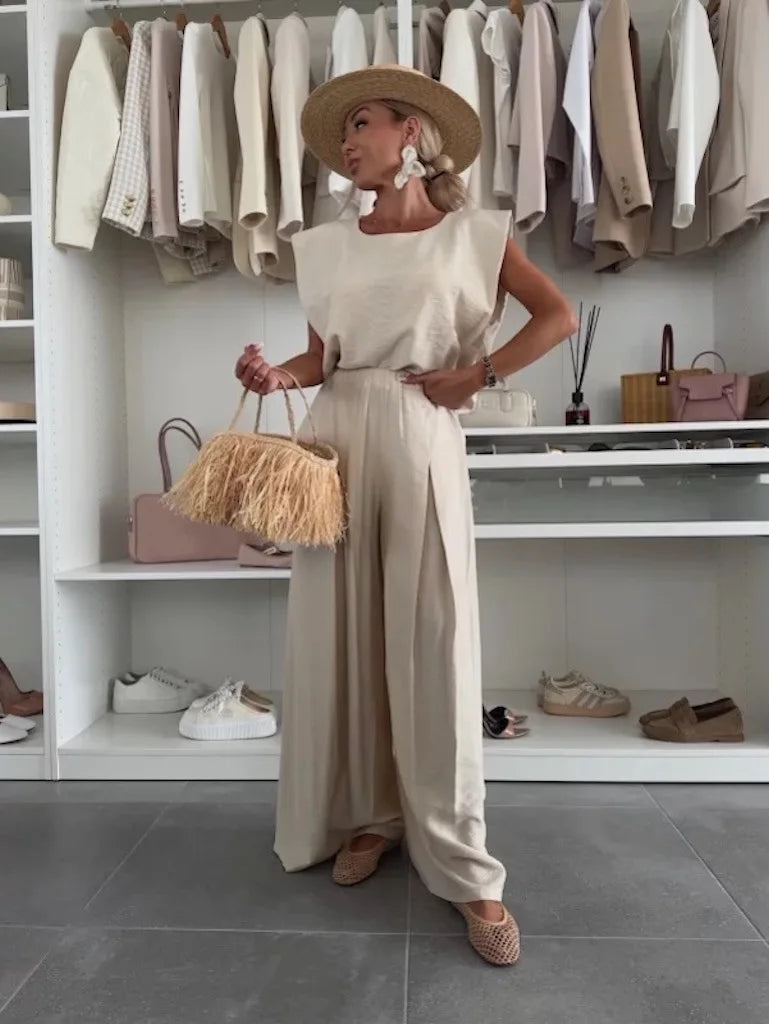 Women's Casual 2-Piece Set Crew Neck Sleeveless Top Wide Leg Pants Set Summer Casual Loungewear Outfit for Travel Vacation