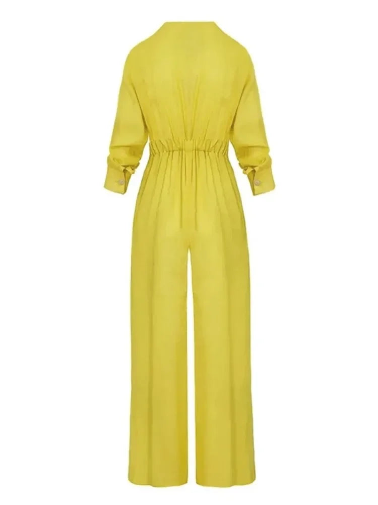 BeautyBlue Jumpsuits for Women V-neck Overalls 2025 New Elegant High Waisted Buttoned Pockets Solid Color Office Jumpsuit Female