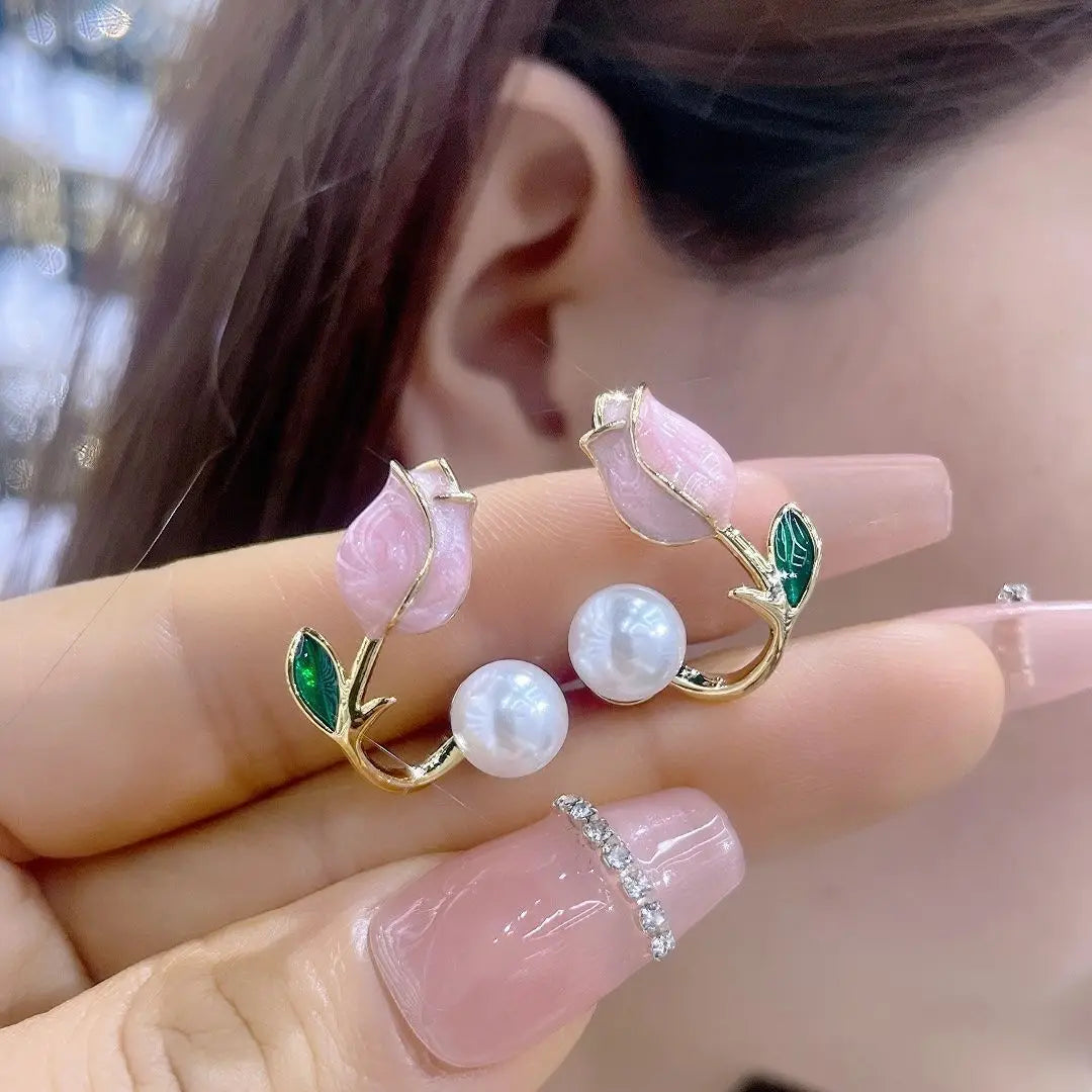 Pearl Tulip Enamel Stud Earrings With Zircon Drops for Women
