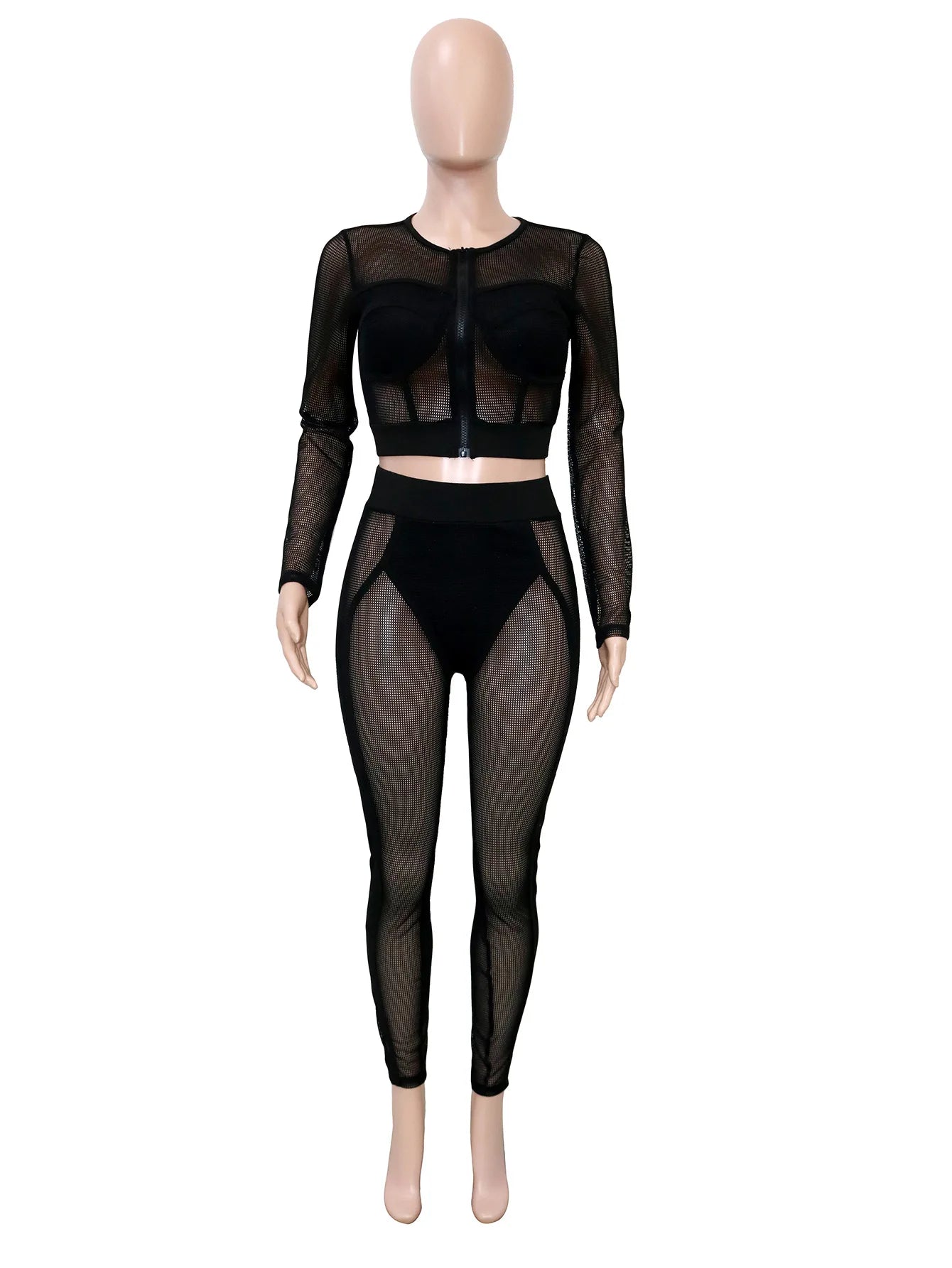FAGADOER Sexy Hollow Out Bodycon 2 Pieces Set for Woman Mesh See Through Long Sleeves Tops + Leggings Matching Female Streetwear