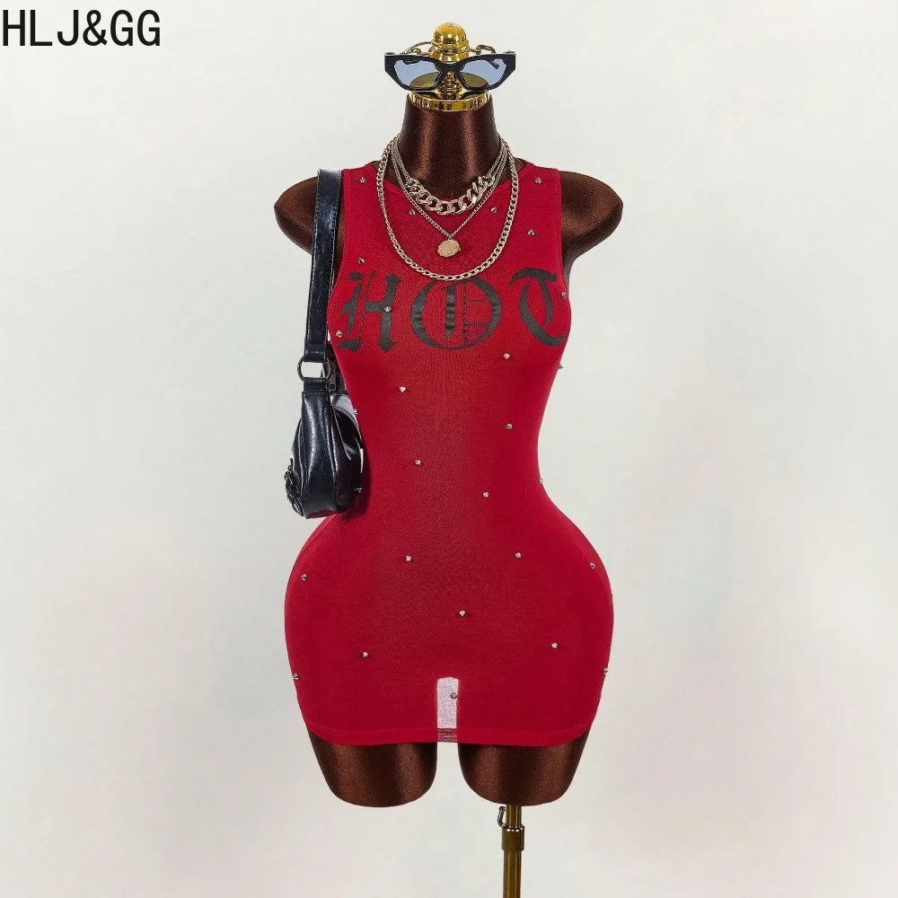 Letter Print Sleeveless Rivet Bodycon Mini Dress for Women
