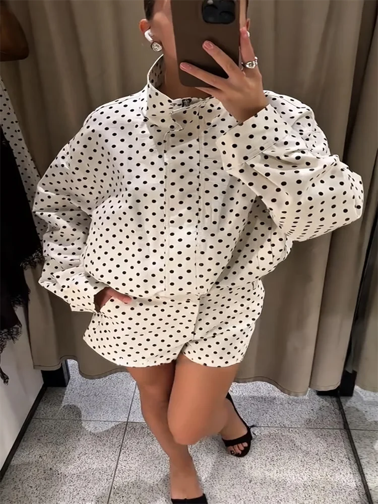 Loose Polka Dot Zipper Women's Shorts Set Stand Collar Patchwork Full Sleeve Pockets Jacket Tie Up Short Pant Suit Summer Outfit