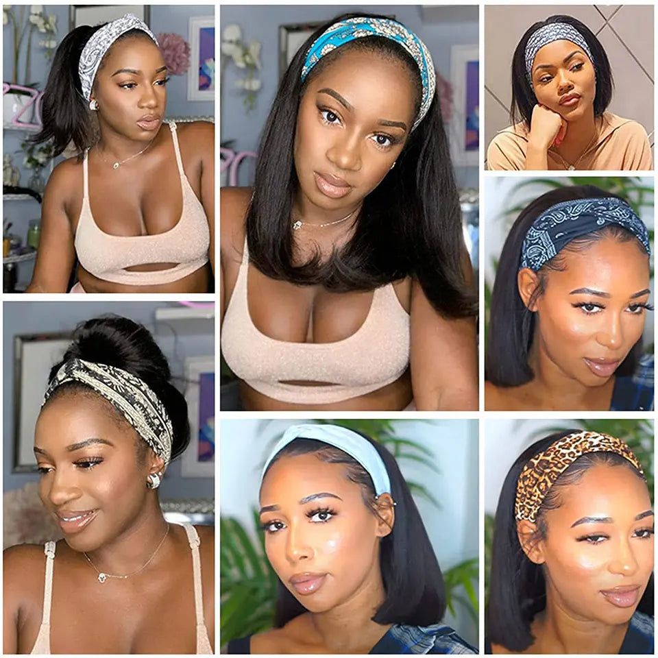 Short Curly Pixie Cut Headband Wig Water Wave Remy 100% Brazilian Human Hair Scarf Wigs For Women Machine Made Long Straight Wig