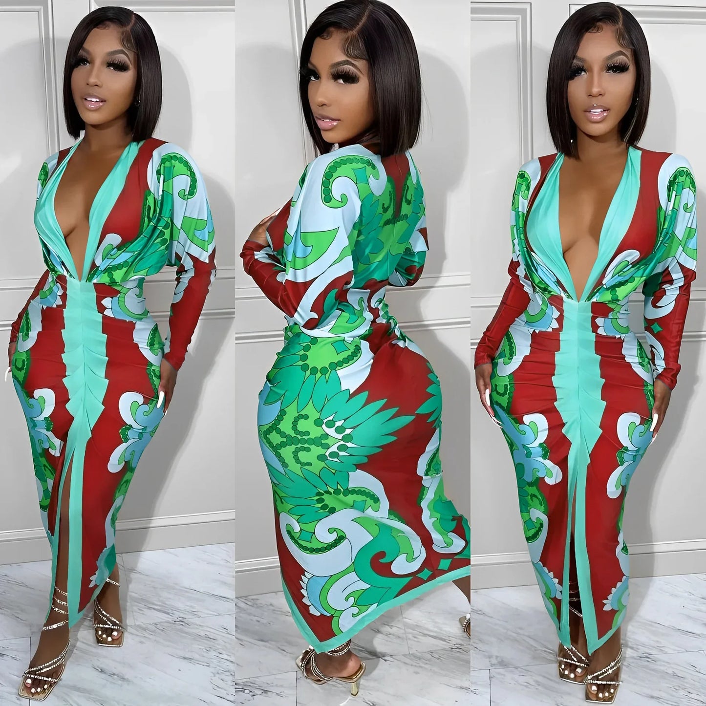 CM.YAYA Women Paisley 3D Printed Stacked Long Sleeve Deep V-neck Bodycon Midi Maxi Long Dress 2023 Evening Sexy Party Dresses