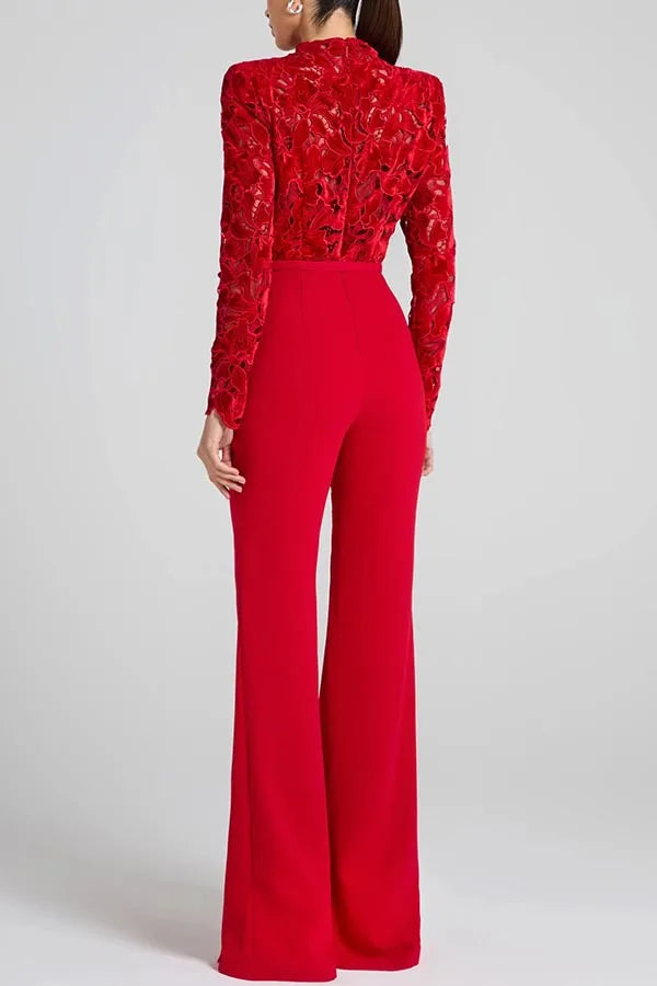 Embroidery Lace Red Jumpsuits Women Sexy Slim Long-sleeved Belt High Waist Jumpsuit Female 2025 Casual Lady Party Rompers