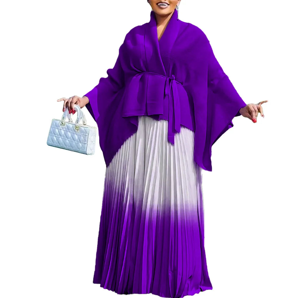 CM.YAYA Gradient Women's Set Full Sleeve Belt Blouse Shirt +Pleated Long Skirts Suit Street Two 2 Piece Set Outfit Tracksuit