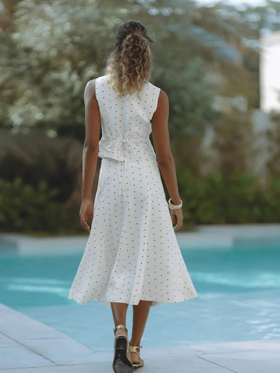 Elegant Polka Dot V Neck Sleeveless Two Piece Set For Women
