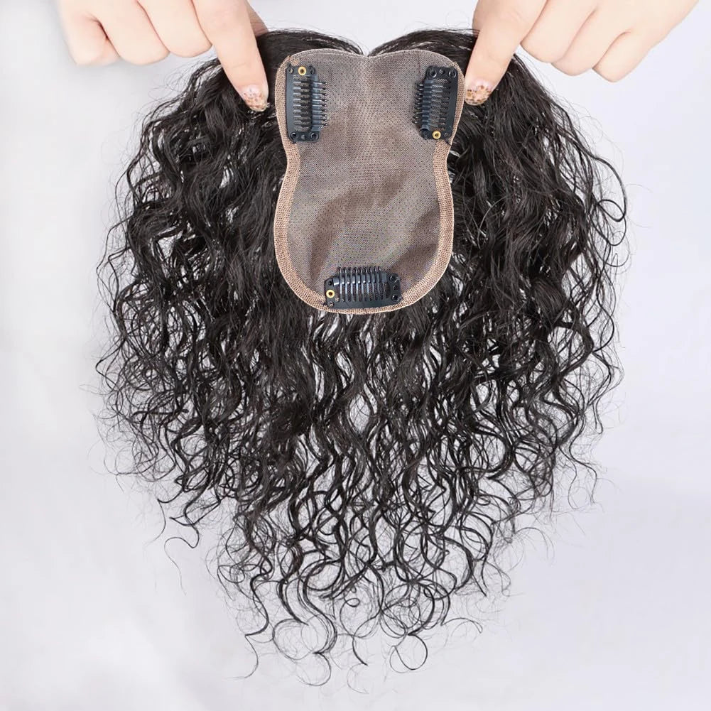 Middle Part Curly Human Hair Topper Clip in Silk Base Wiglet Hairpiece Forehead Hairline Replacement 8x10cm
