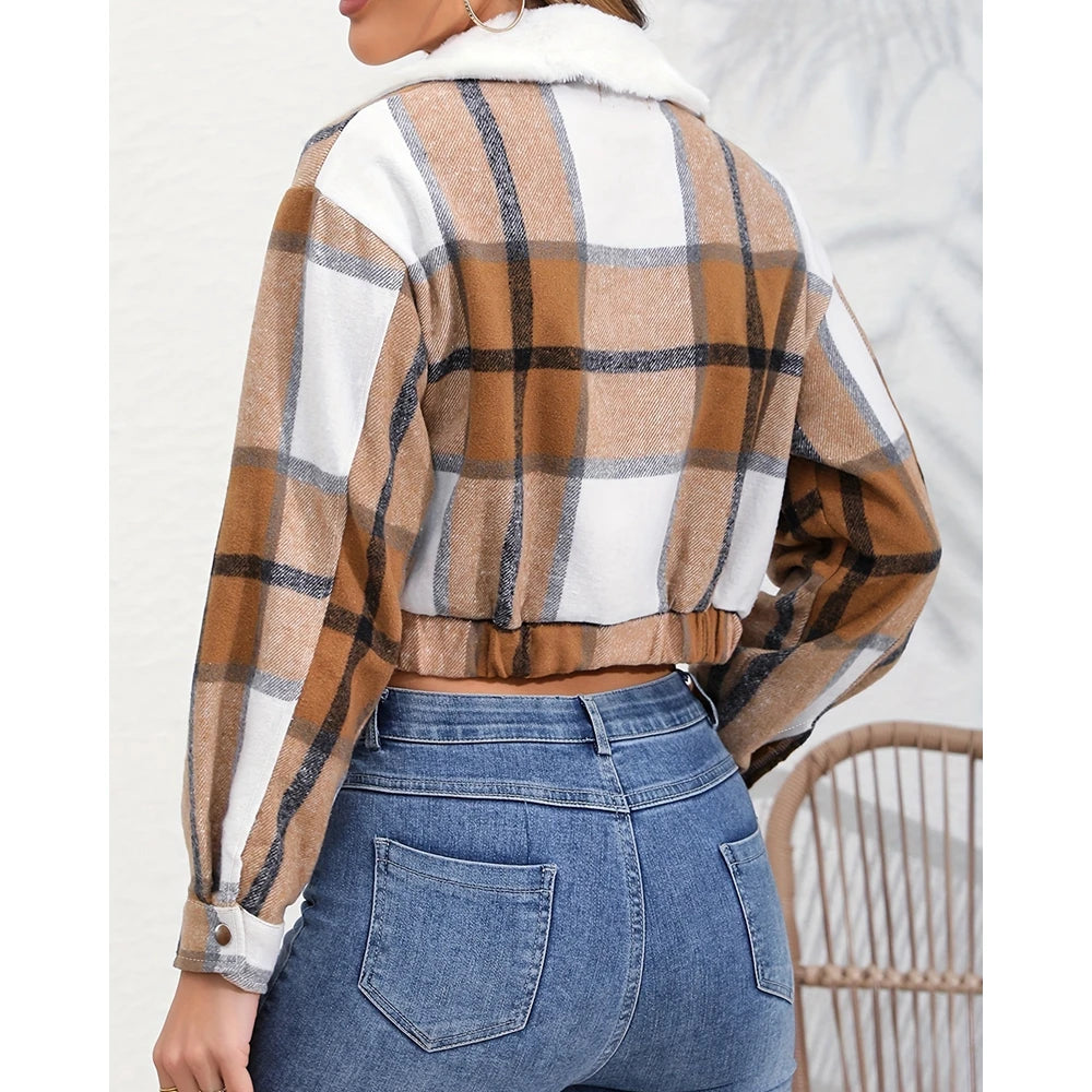 Women Fluffy Turn-down Collar Striped Print Covered Button Short Jackets Autumn Long Sleeve Coat Outfits Winter Clothing