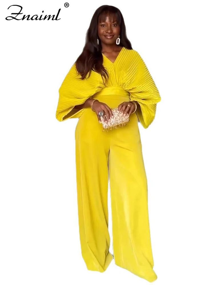 Znaiml Pleated Blouse V Neck Full Sleeve and Wide Leg Pants Women Loose 2 Pieces Sets Elegant Office Ladies African Outfits 2025
